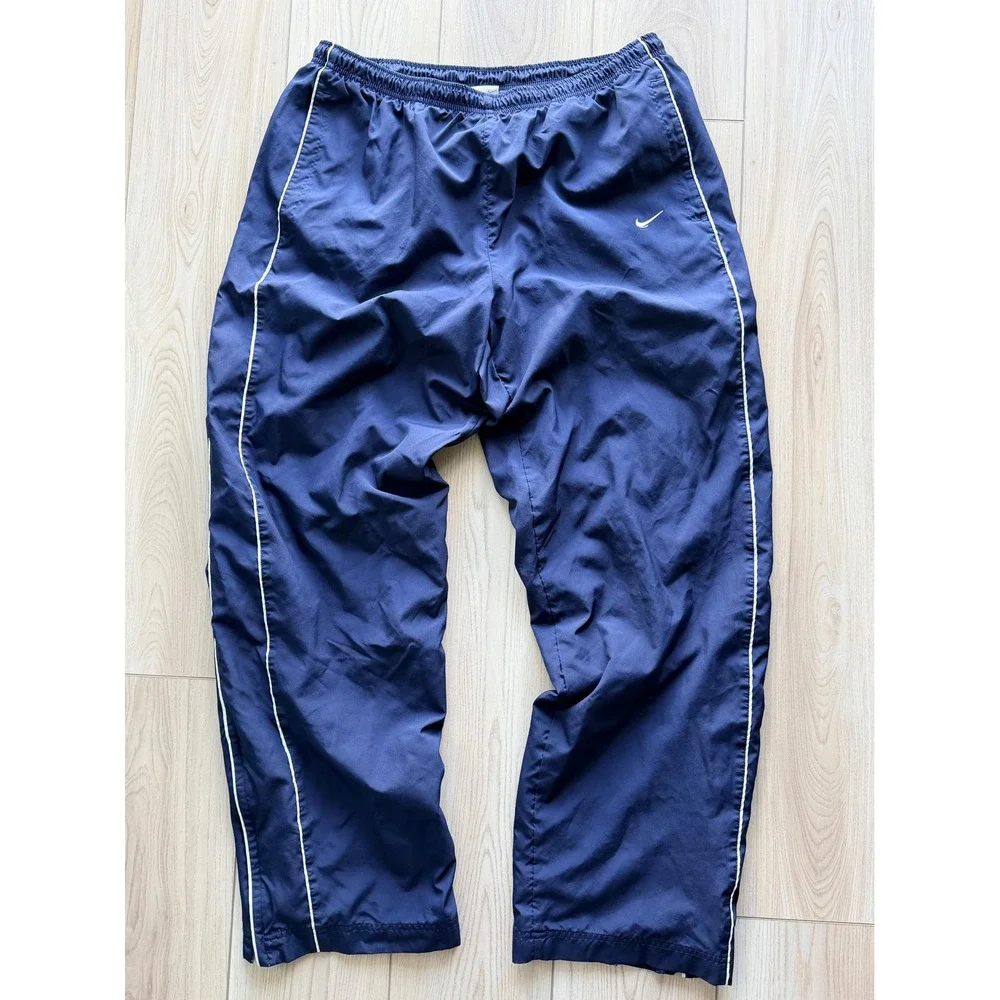 Vintage Nike Track Pants Mens XL Navy Blue White Piping Swoosh Nylon Joggers